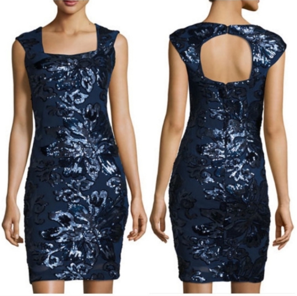 Marina Navy Floral Sequin Cocktail Dress